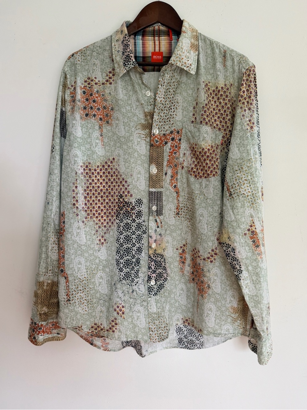 BOSS Light Sage Patchwork Paisley Button-Up Shirt